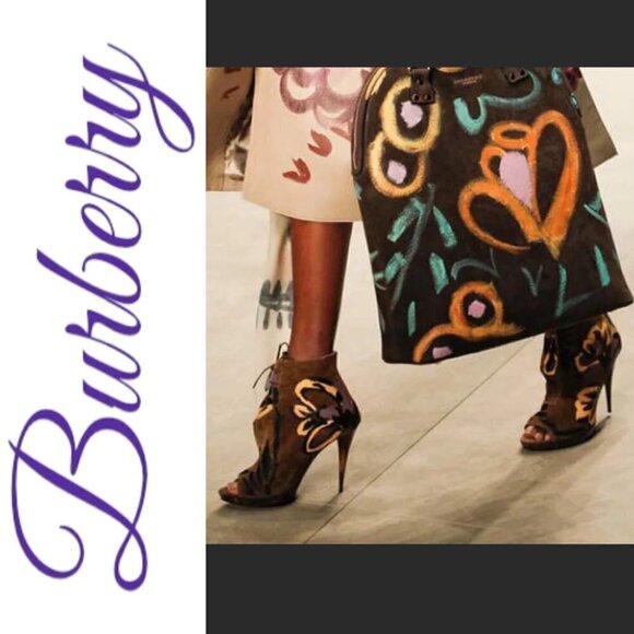 BURBERRY Suede Floral Hand Painted Peep Toe Stiletto Platform Ankle Bootie, Size - Picture 4 of 12